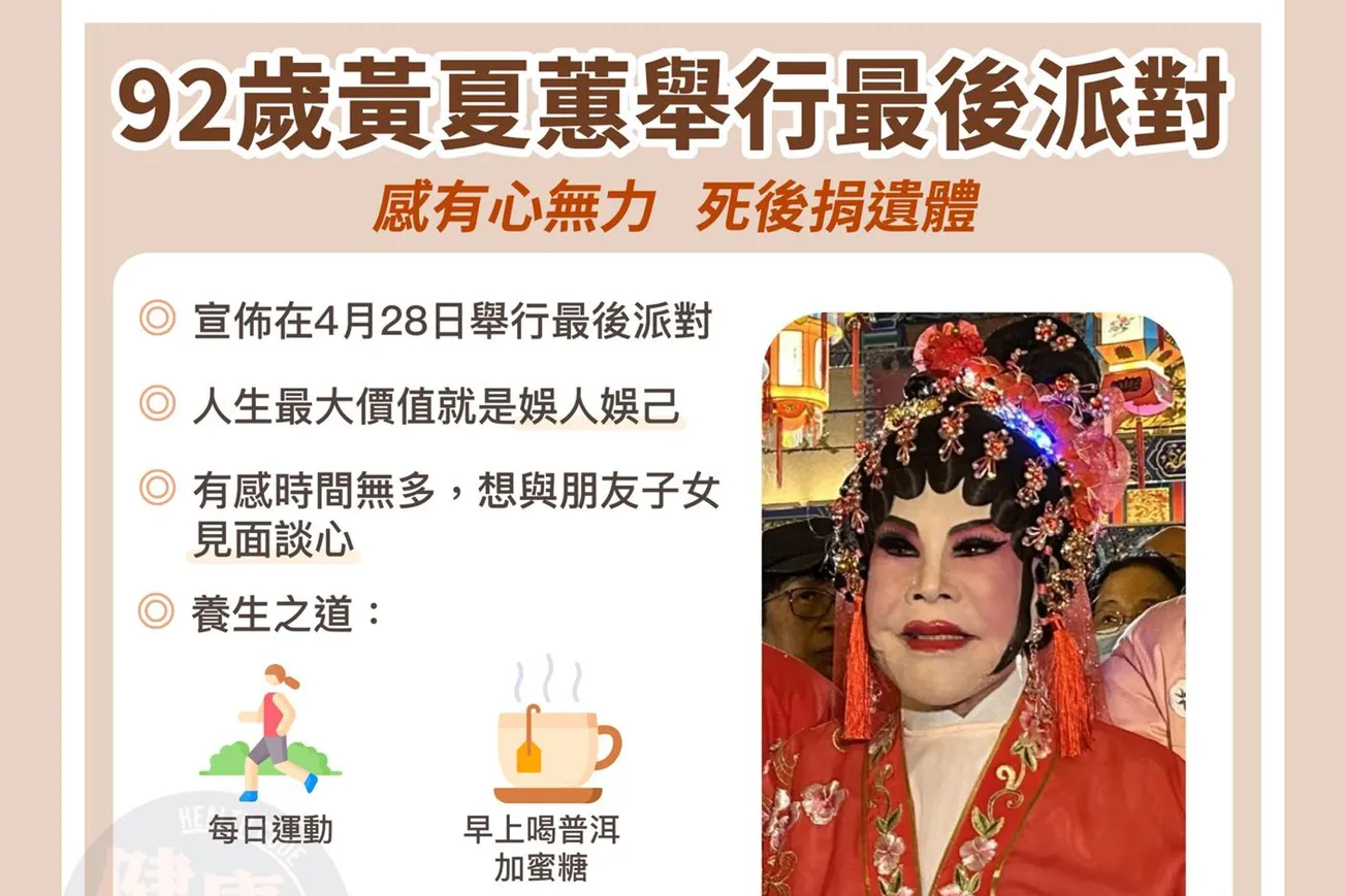 92歲黃夏蕙舉行最後派對 感有心無力 死後捐遺體 談養生之道 每天走5層樓梯 不吃早餐喝上等普洱加蜜糖