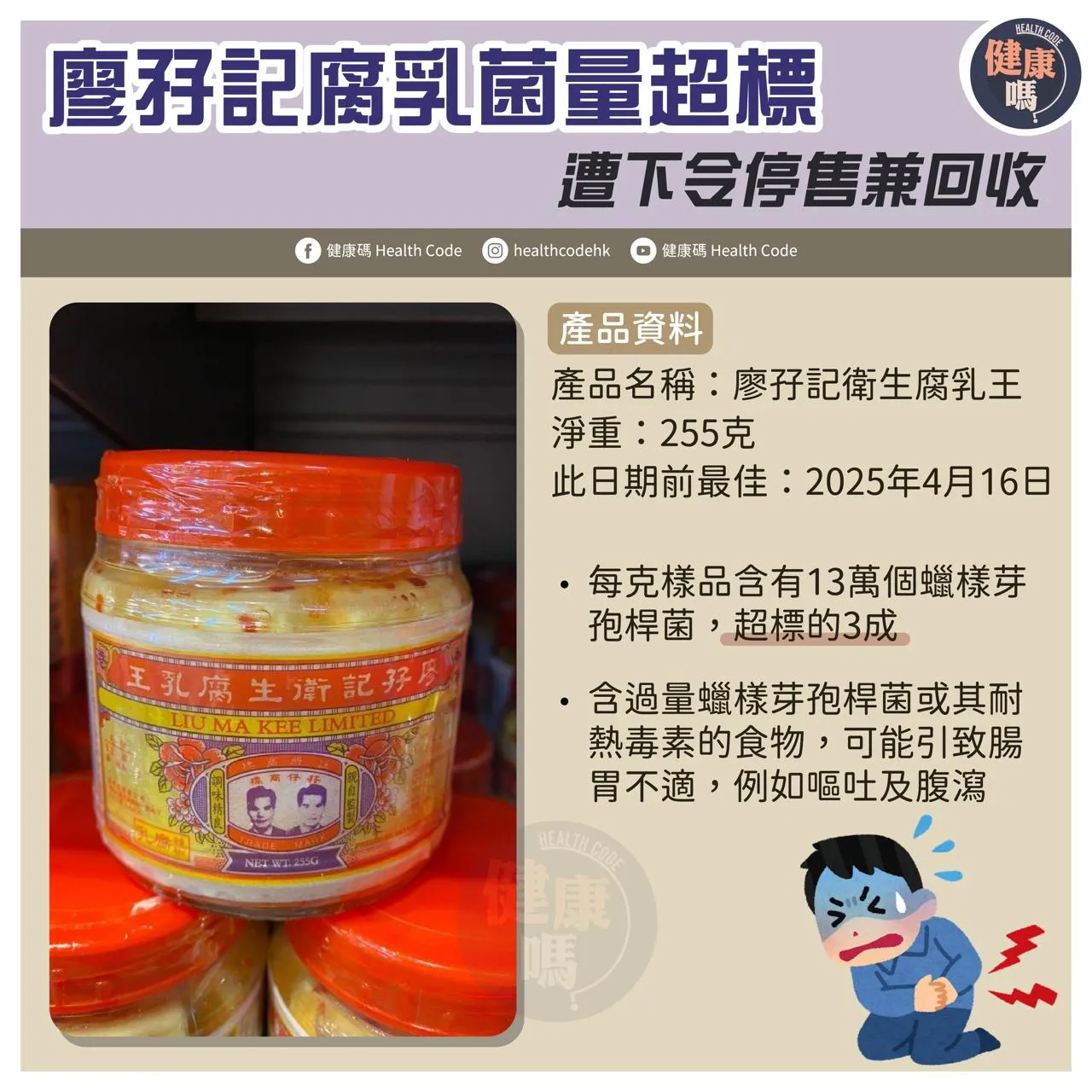 廖孖記腐乳菌量超標 遭下令停售兼回收