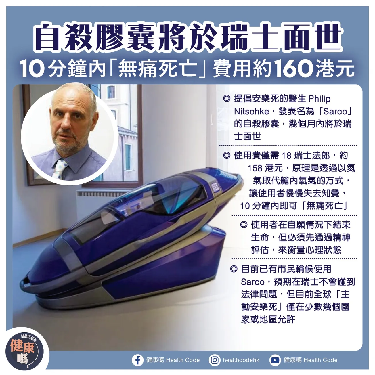 自殺膠囊將於瑞士面世 10分鐘內「無痛死亡」費用約 160 港元