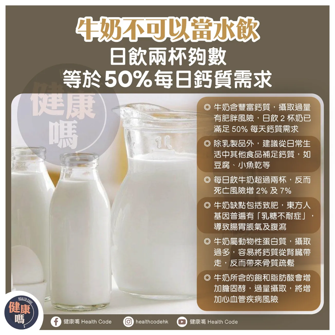 牛奶不可當水飲 日飲兩杯夠數 等於 50% 每日鈣質需求